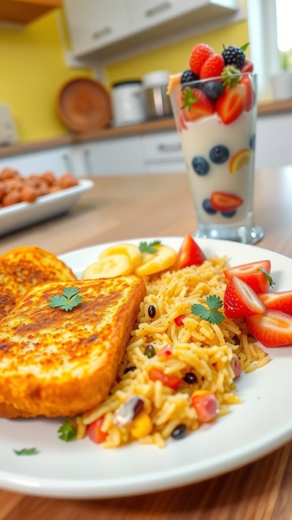 Quick Indian Breakfast Ideas in 5 Minutes Quick Indian breakfast plate with masala toast, poha, and yogurt parfait.
